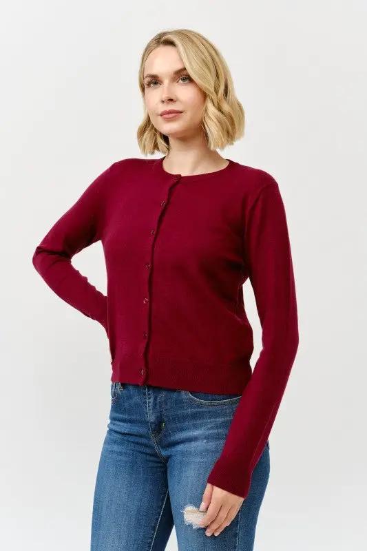 Cárdigan de Dama con Cuello Redondo y Botones - Estilo Clásico Rojo Burgundy by Cielo