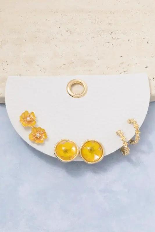 Three Pair Resin Pressed Flower Earrings Set by Fame Accessories