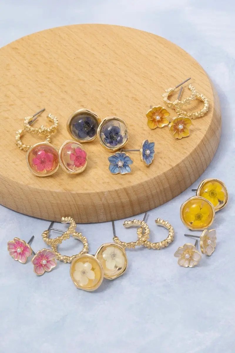 Three Pair Resin Pressed Flower Earrings Set by Fame Accessories