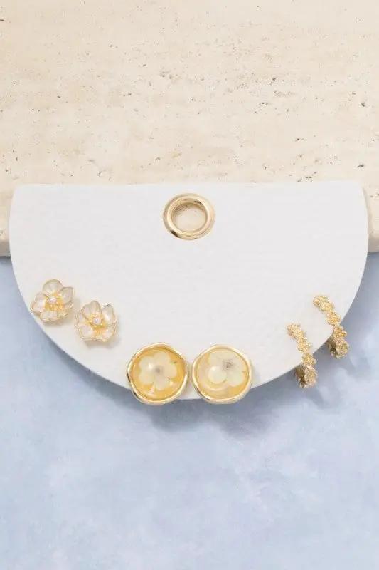 Three Pair Resin Pressed Flower Earrings Set by Fame Accessories
