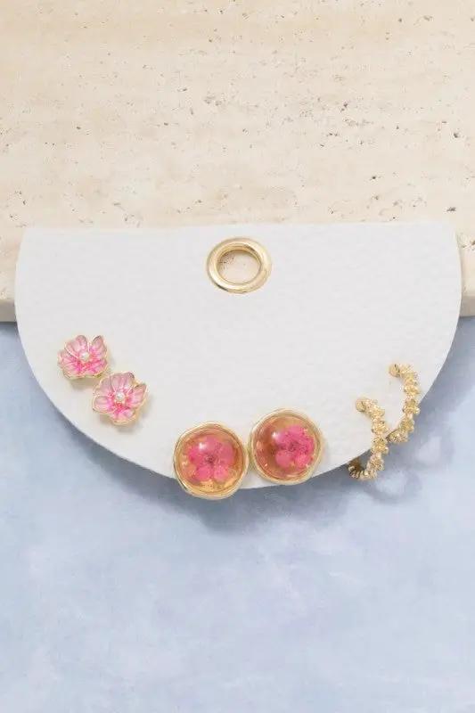 Three Pair Resin Pressed Flower Earrings Set by Fame Accessories
