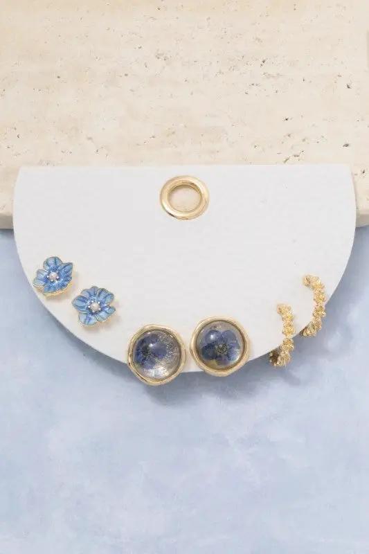 Three Pair Resin Pressed Flower Earrings Set by Fame Accessories
