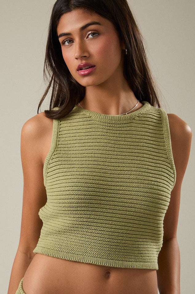 Top Corto de Punto Acanalado Verde sin Mangas con Cuello Redondo