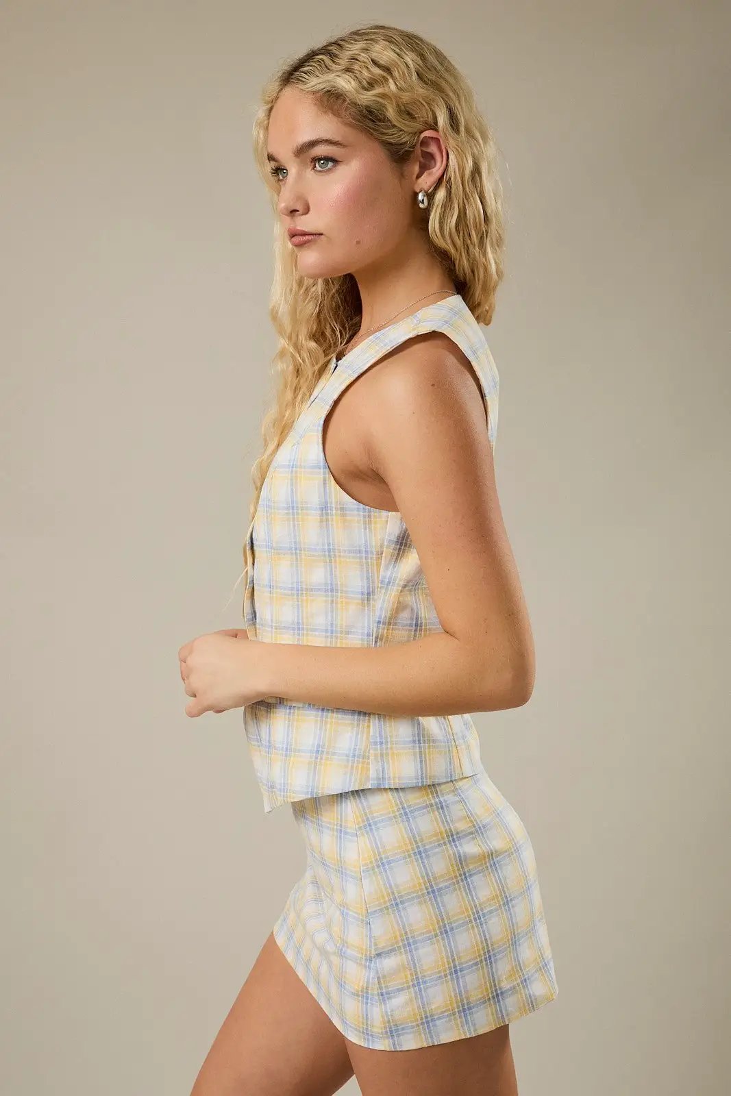 LE LIS Plaid Mini Skirt – Yellow Blue Cotton Woven Skirt - Skirt Sets