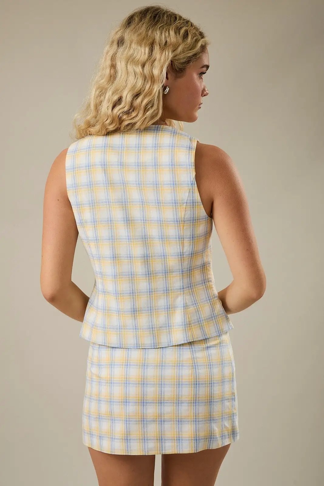 LE LIS Plaid Round Neck Button Front Vest Top – Yellow Blue Cotton Woven Sleeveless Top - Skirt Sets