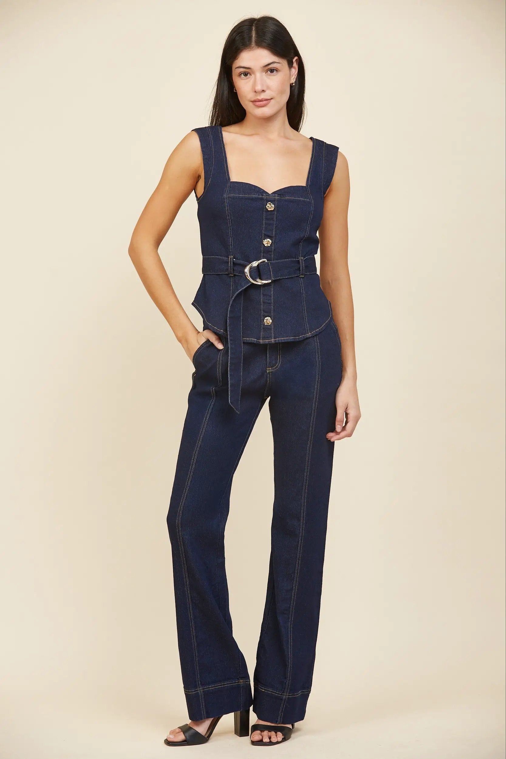 Pantalón de Mezclilla Recto de Tiro Alto para Mujer - Azul Oscuro Elegante by Edit By Nine