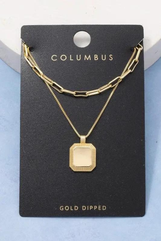 Gold Dipped Square Pendant Layered Chains Necklace by Fame Accessories