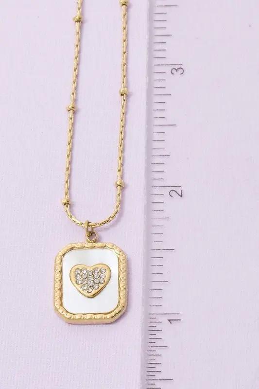 Mother Of Pearl Crystal Heart Rectangle Pendant Necklace by Fame Accessories