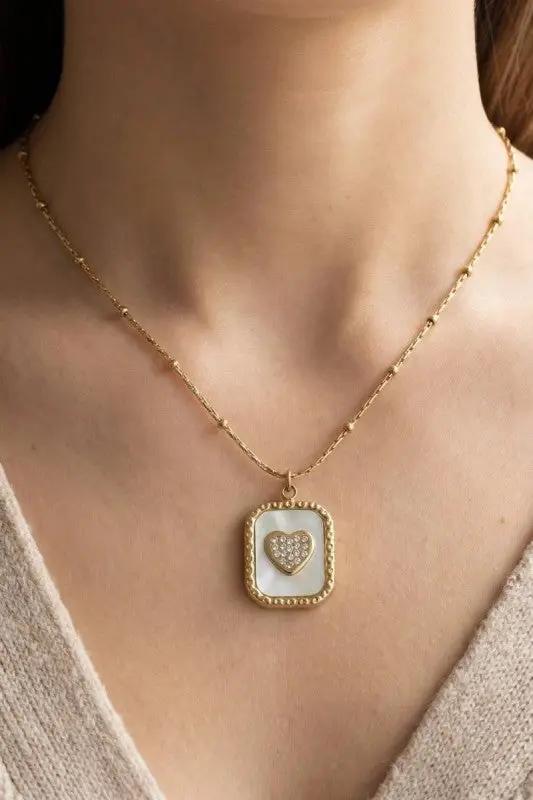 Mother Of Pearl Crystal Heart Rectangle Pendant Necklace by Fame Accessories