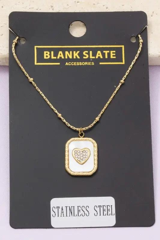 Mother Of Pearl Crystal Heart Rectangle Pendant Necklace by Fame Accessories