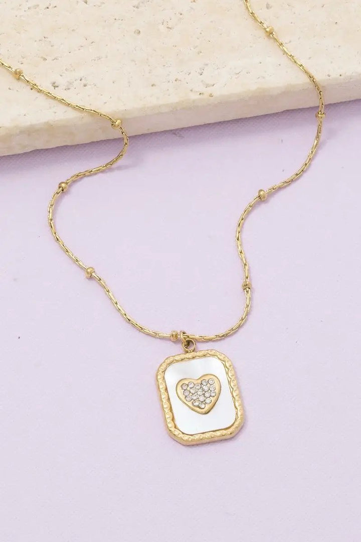Mother Of Pearl Crystal Heart Rectangle Pendant Necklace by Fame Accessories