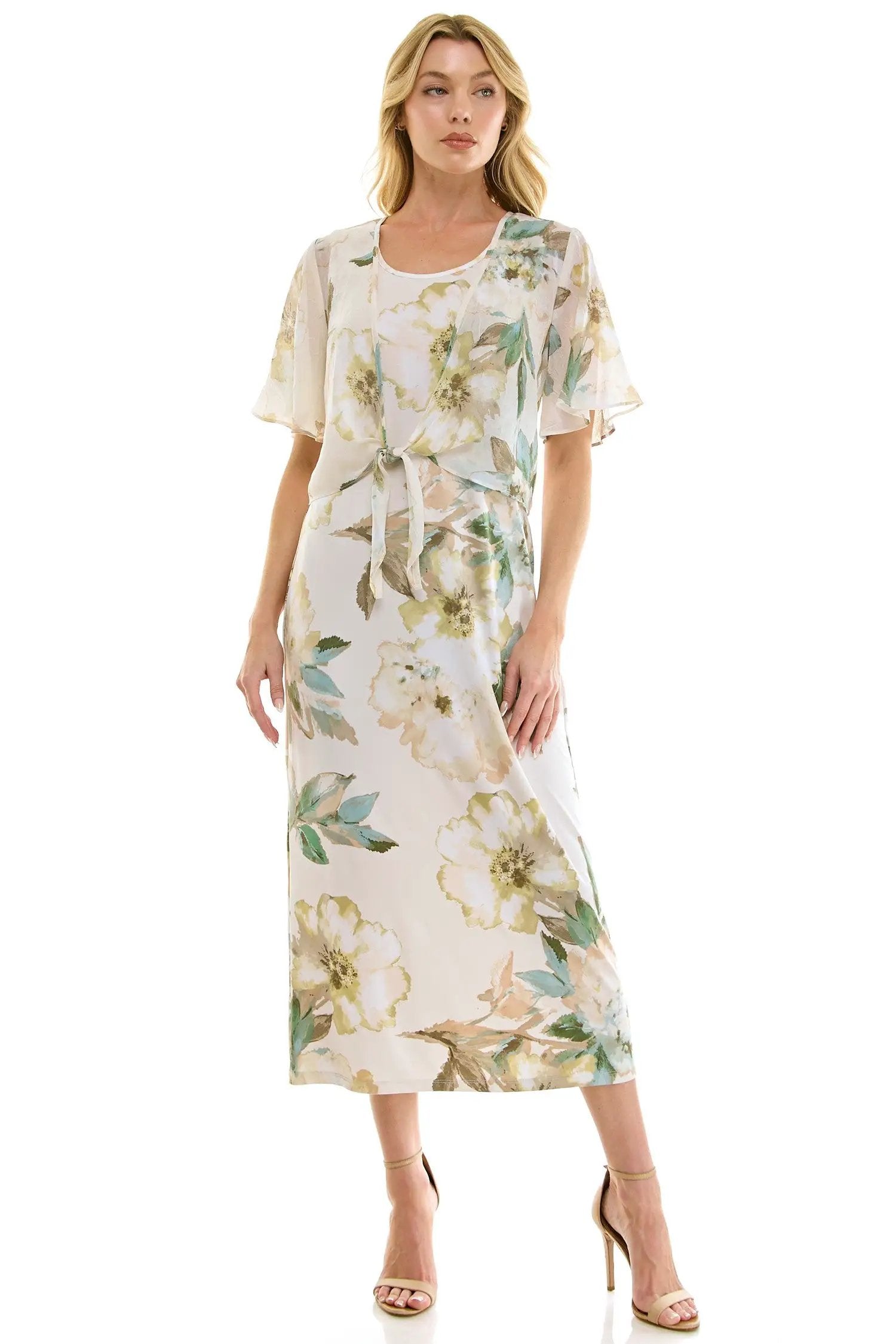 Vestido Midi Estampado de 2 Piezas con Bolero de Tul Transparente by Winslow Collection
