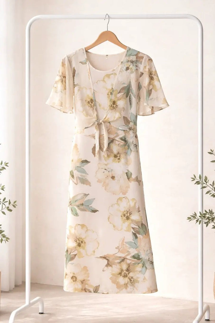 Vestido Midi Estampado de 2 Piezas con Bolero de Tul Transparente by Winslow Collection