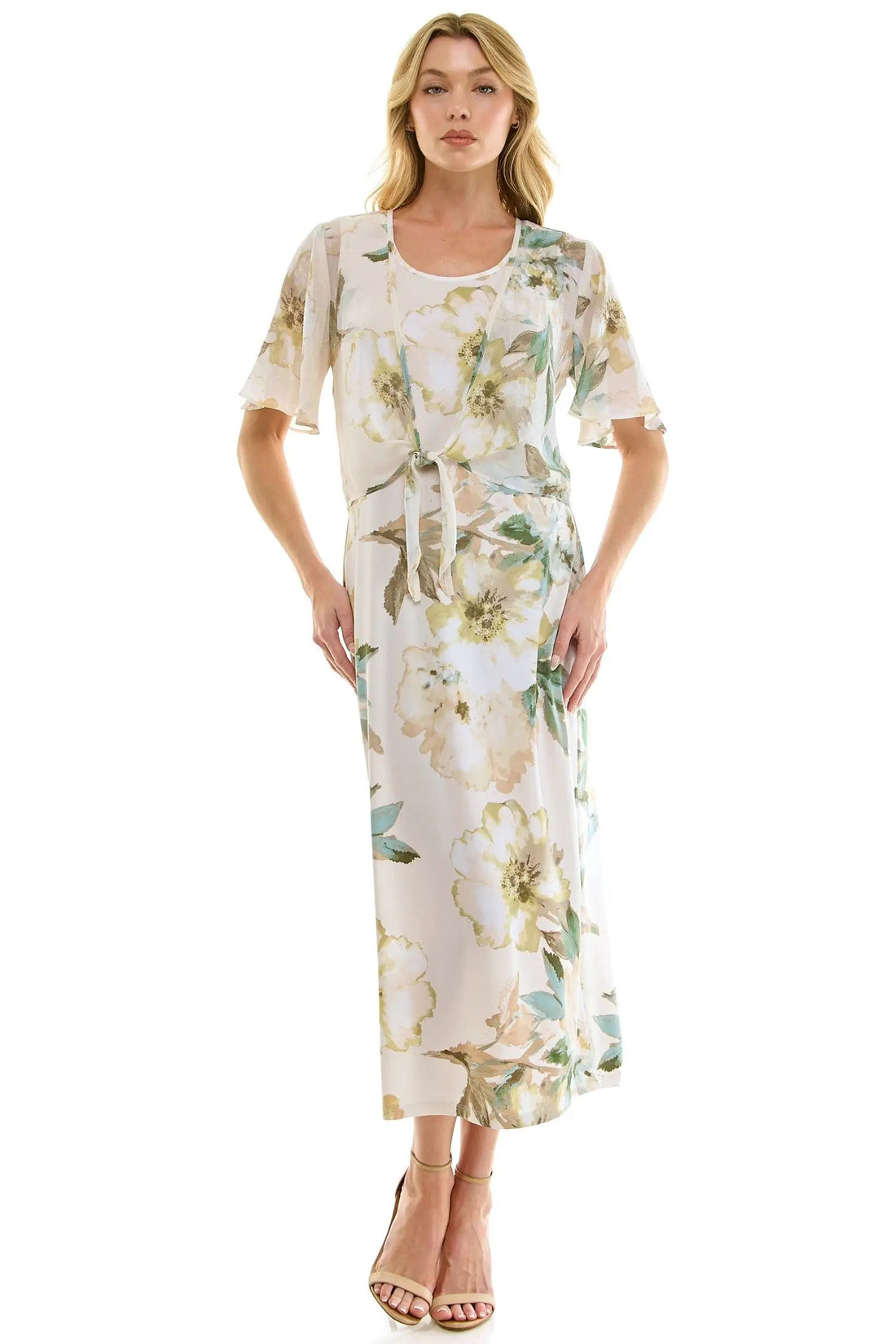 Vestido Midi Estampado de 2 Piezas con Bolero de Tul Transparente by Winslow Collection