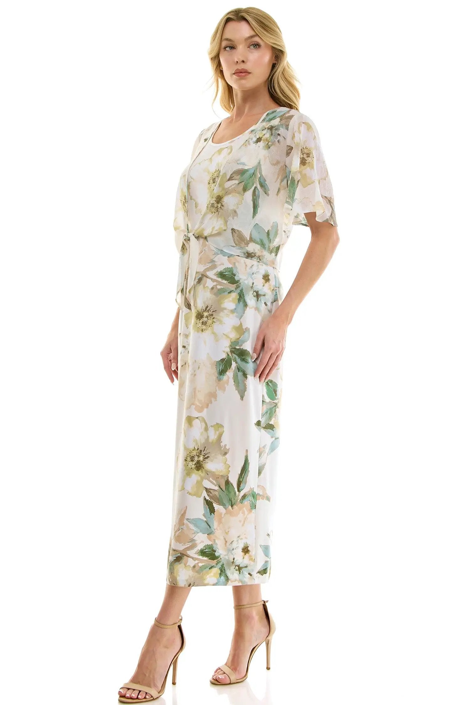 Vestido Midi Estampado de 2 Piezas con Bolero de Tul Transparente by Winslow Collection