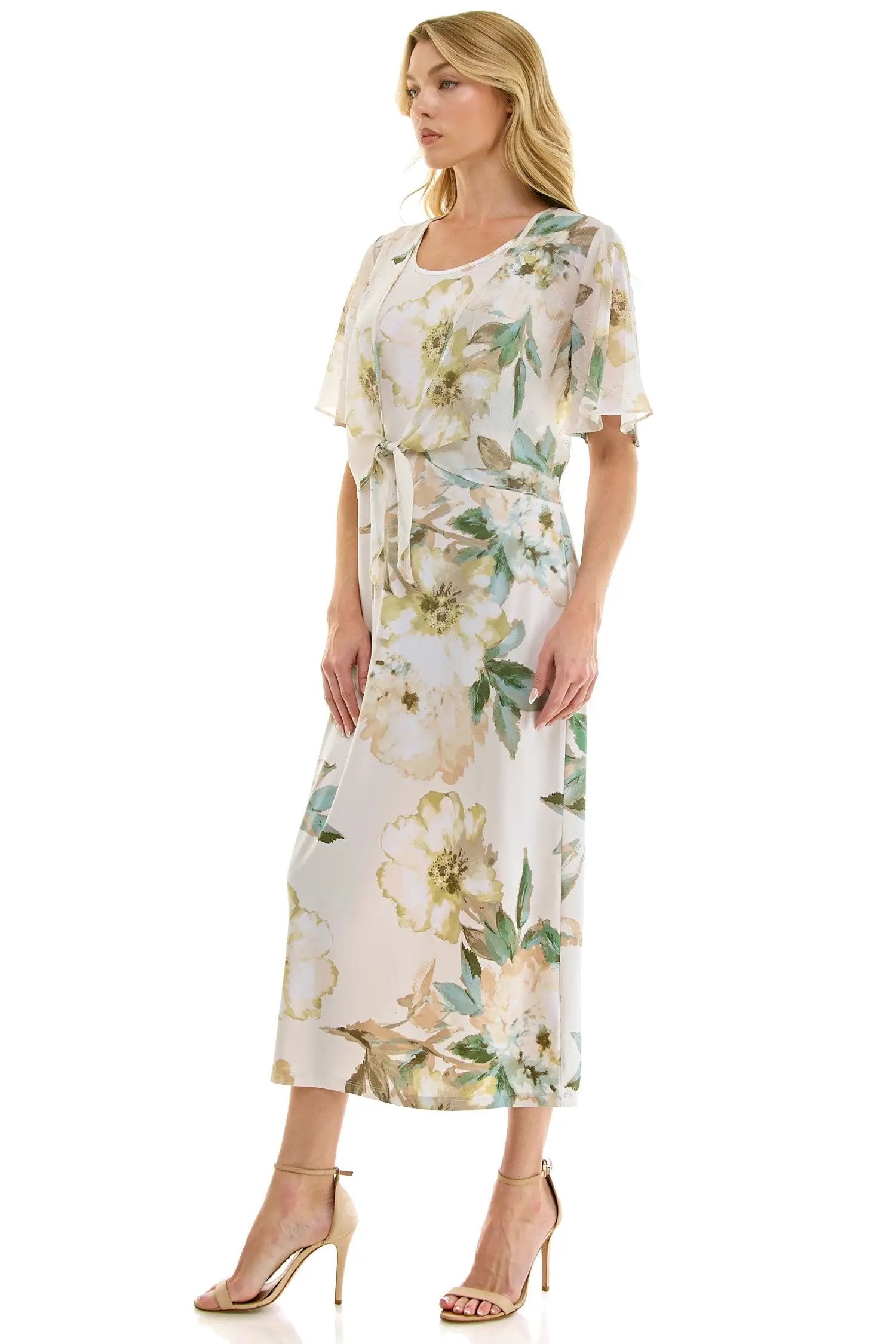 Vestido Midi Estampado de 2 Piezas con Bolero de Tul Transparente by Winslow Collection