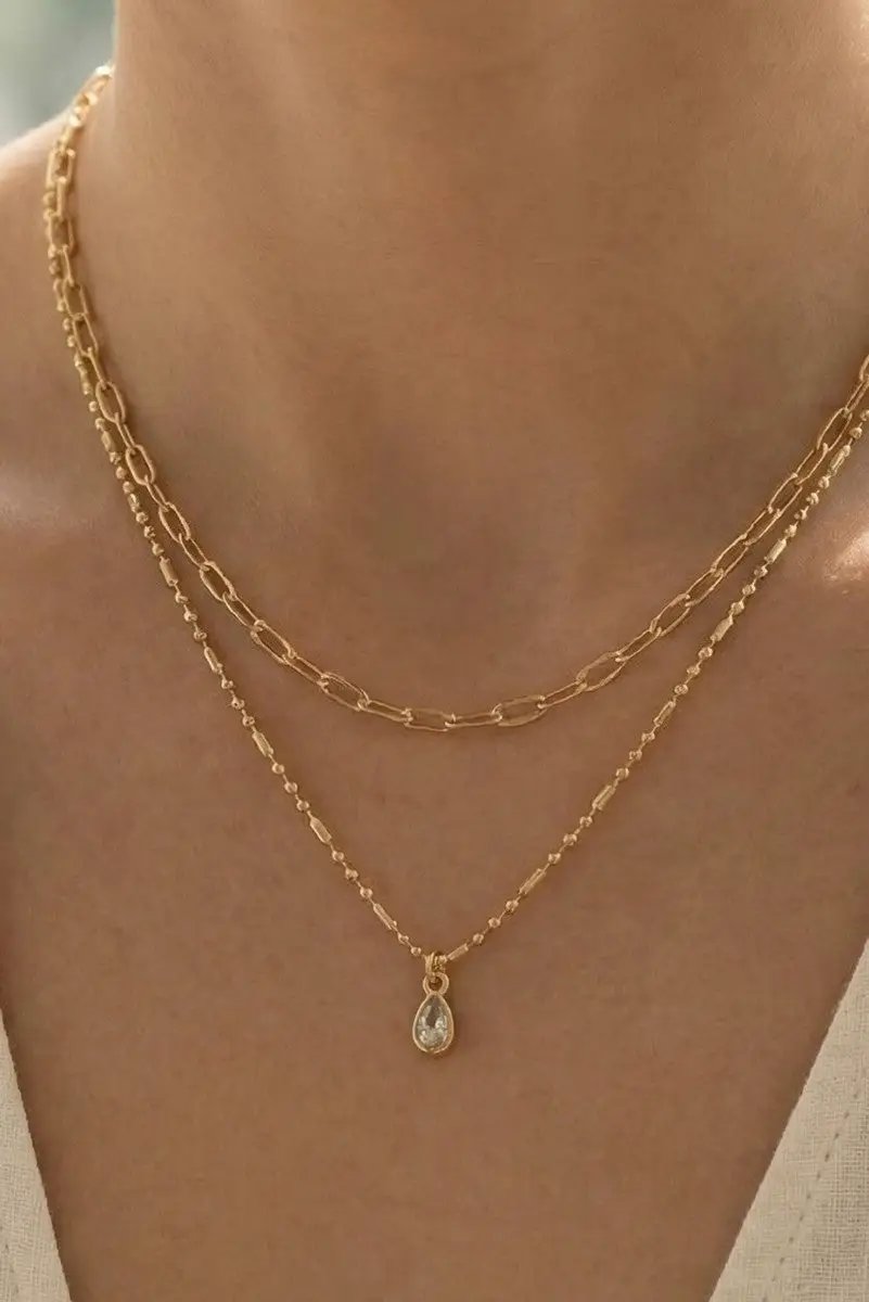 Collar de Cadena en Capas con Eslabones y Cuentas Bañado en Oro by Fame Accessories