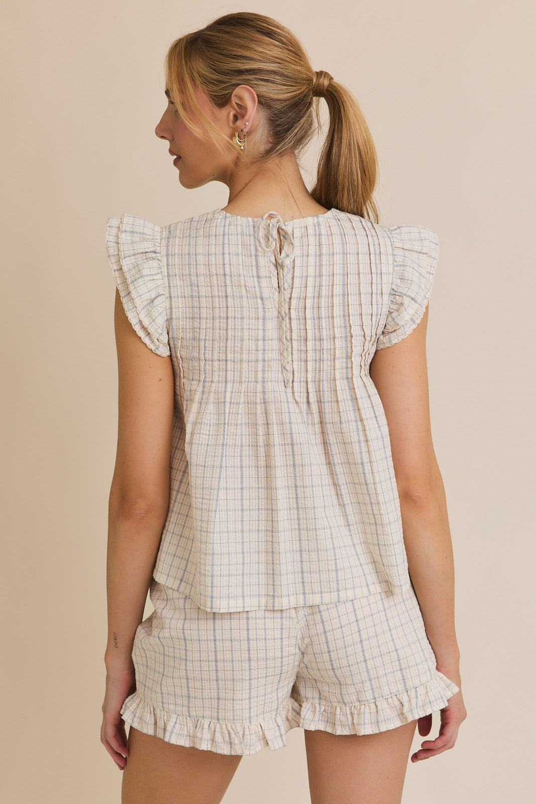 Blusa Babydoll de Algodón con Mangas de Volantes y Estampado de Cuadros