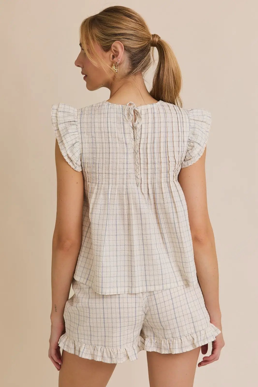 Gilli Ruffle Sleeve Pleated Cotton Top – Woven Check Babydoll Blouse - Short Sets