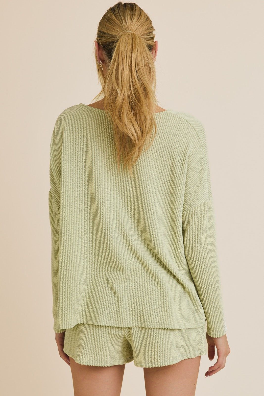 Suéter de Punto con Cuello Redondo y Manga Larga Verde – Blusa Holgada y Suave de Estilo Waffle