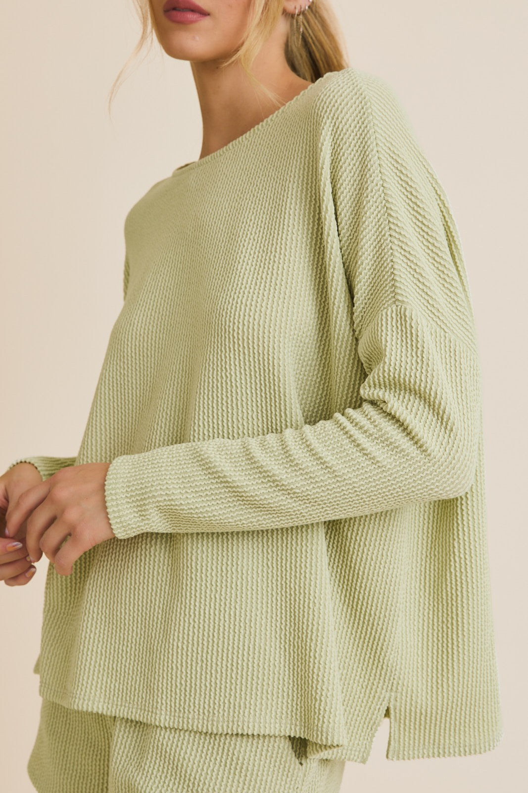 Suéter de Punto con Cuello Redondo y Manga Larga Verde – Blusa Holgada y Suave de Estilo Waffle
