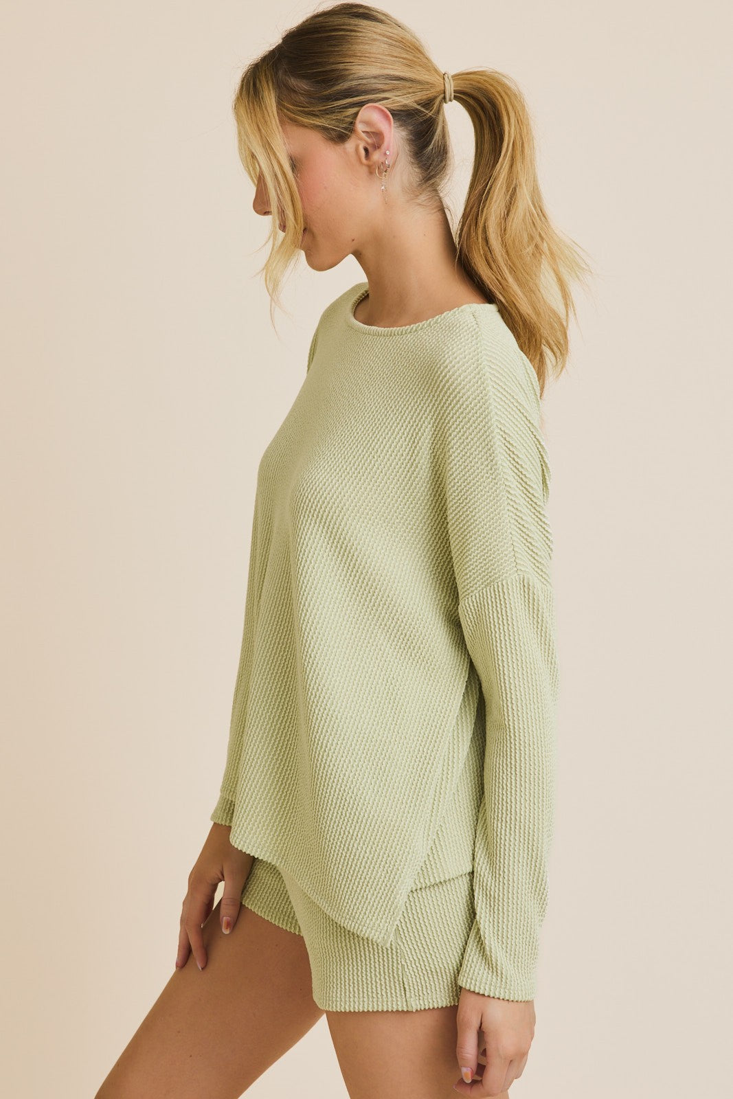 Suéter de Punto con Cuello Redondo y Manga Larga Verde – Blusa Holgada y Suave de Estilo Waffle