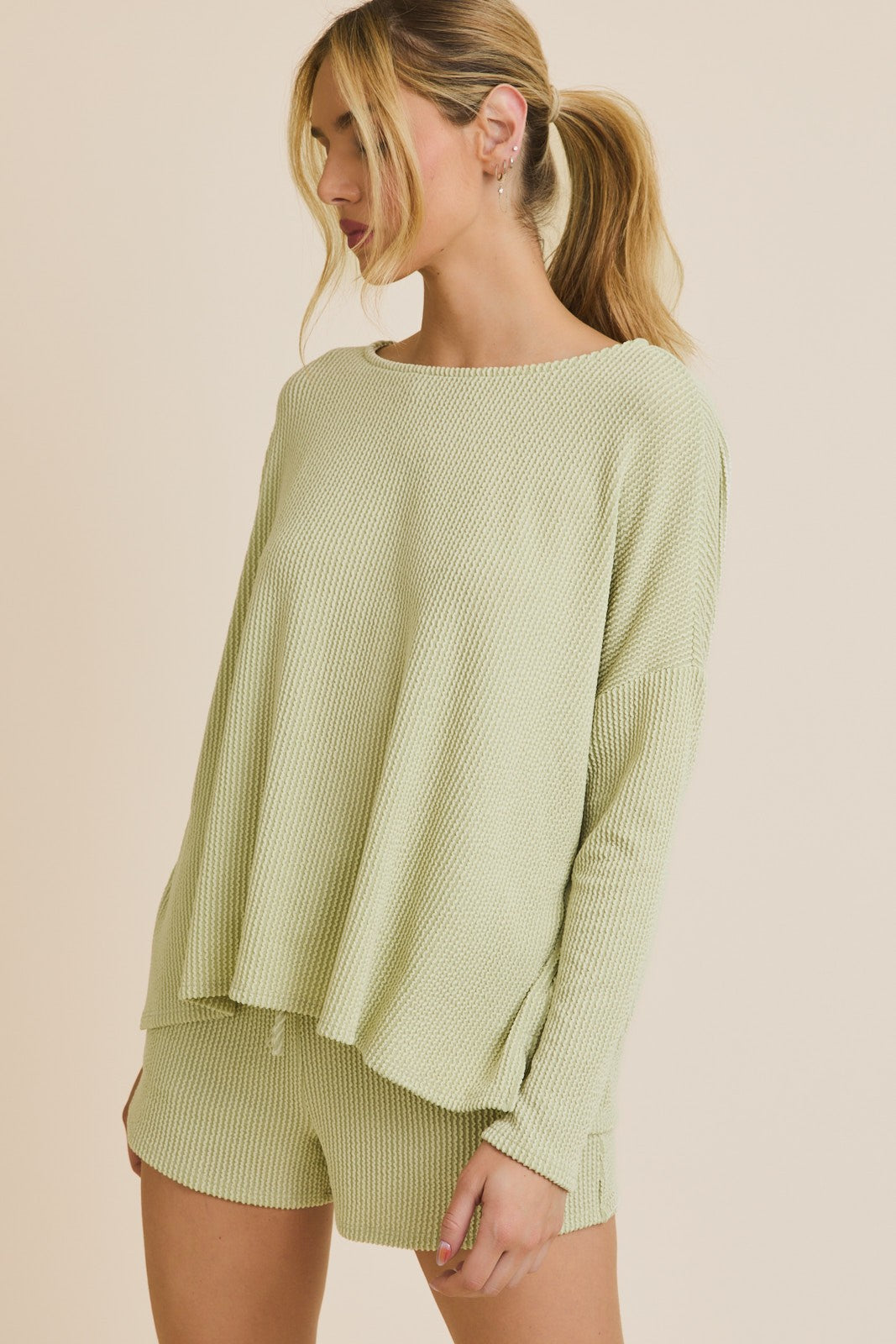 Suéter de Punto con Cuello Redondo y Manga Larga Verde – Blusa Holgada y Suave de Estilo Waffle