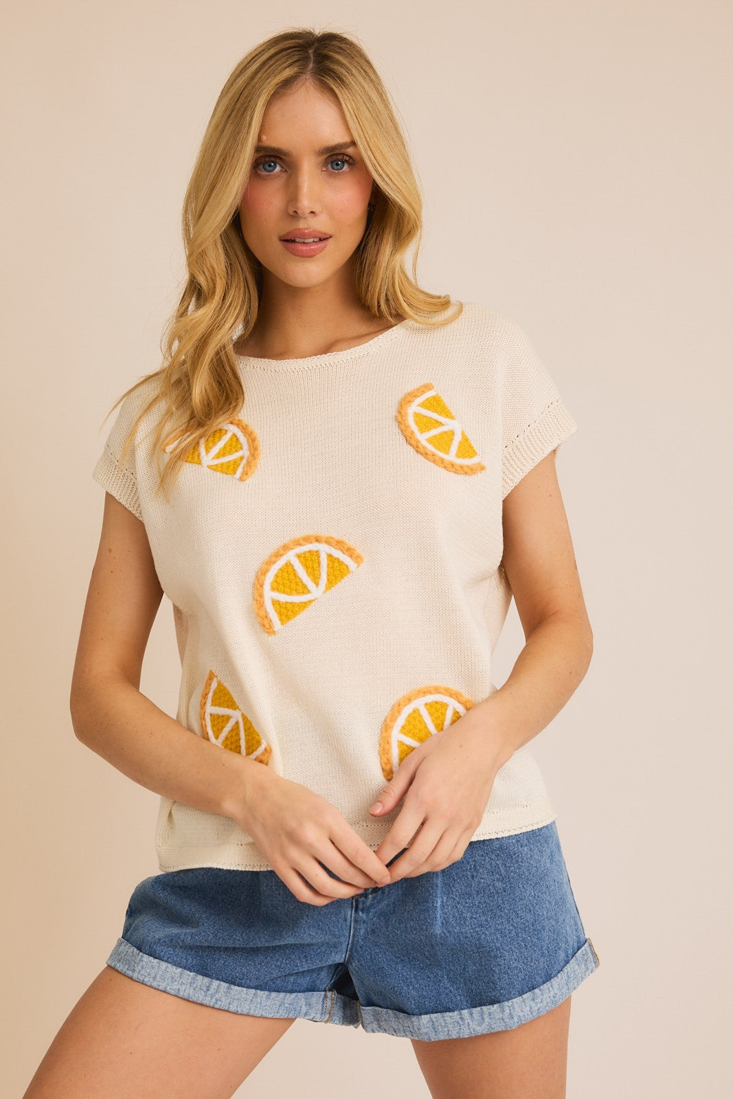 Chaleco de Punto Naranja con Gráfico de Fruta y Cuello Redondo