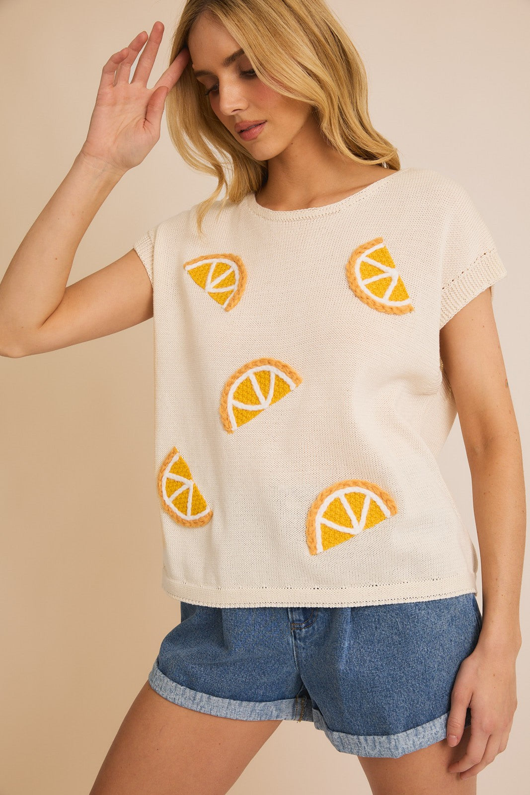 Chaleco de Punto Naranja con Gráfico de Fruta y Cuello Redondo