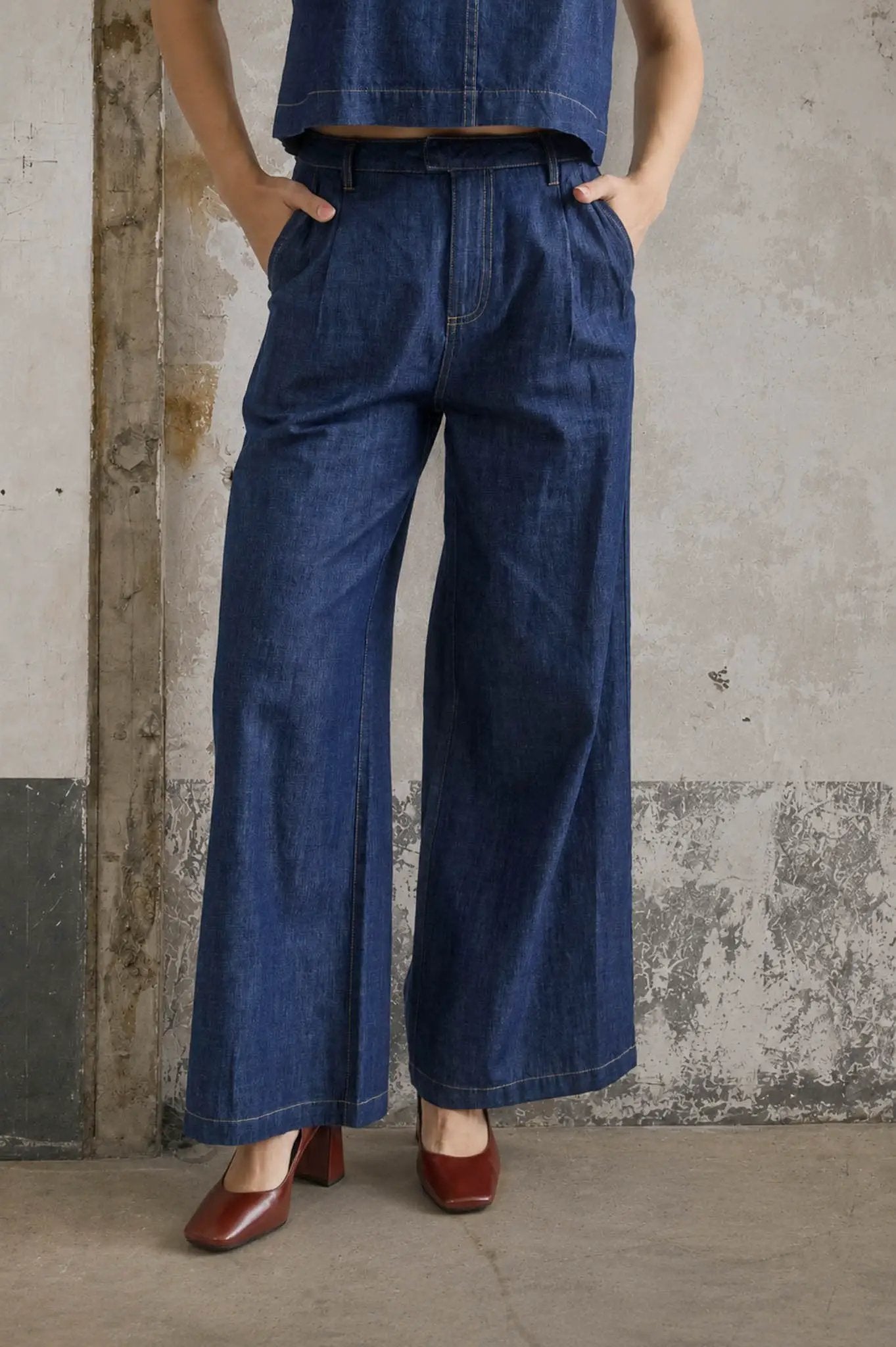 Blu Pepper High Waist Pleated Wide Leg Denim Pants – Full Length Cotton Jeans - Pants