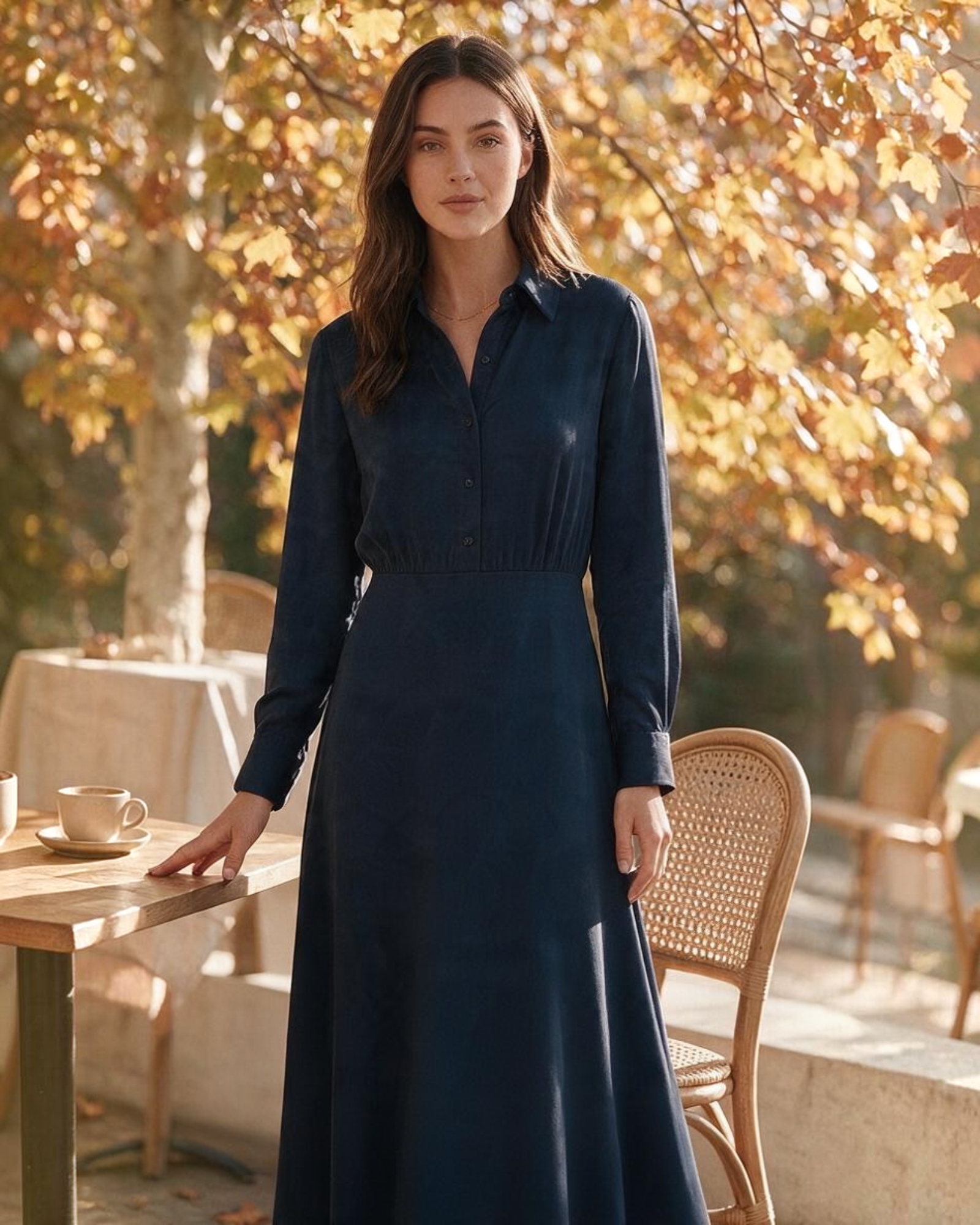 Modelo vistiendo un vestido camisa largo azul marino de Yanet Collective con botones frontales y cuello clásico