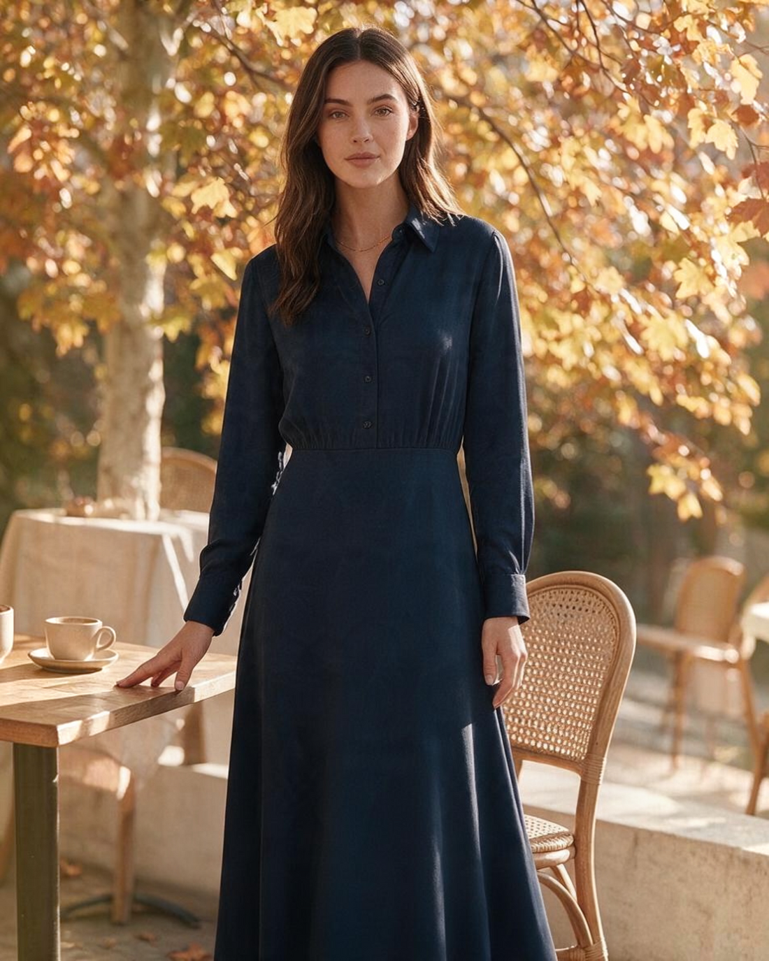 Modelo vistiendo un vestido camisa largo azul marino de Yanet Collective con botones frontales y cuello clásico