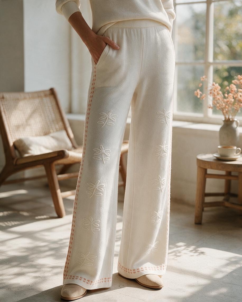 Pantalones Largos de Pierna Ancha Color Blanco con Detalle