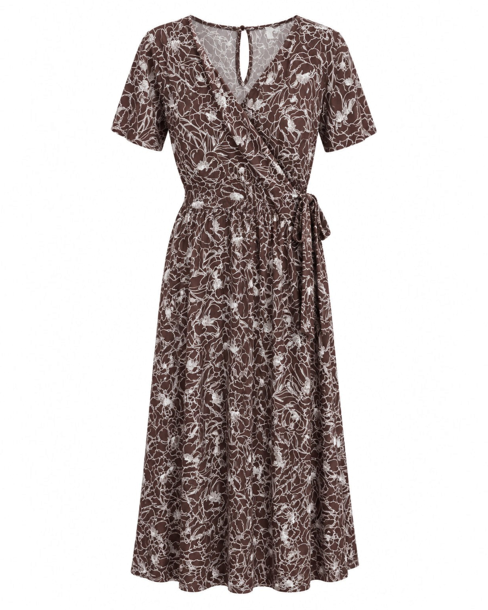 Vestido midi envolvente Yanet Collective color café con estampado floral blanco, manga corta y cintura ajustable