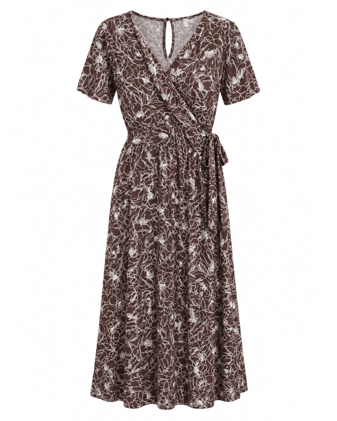 Vestido midi envolvente Yanet Collective color café con estampado floral blanco, manga corta y cintura ajustable