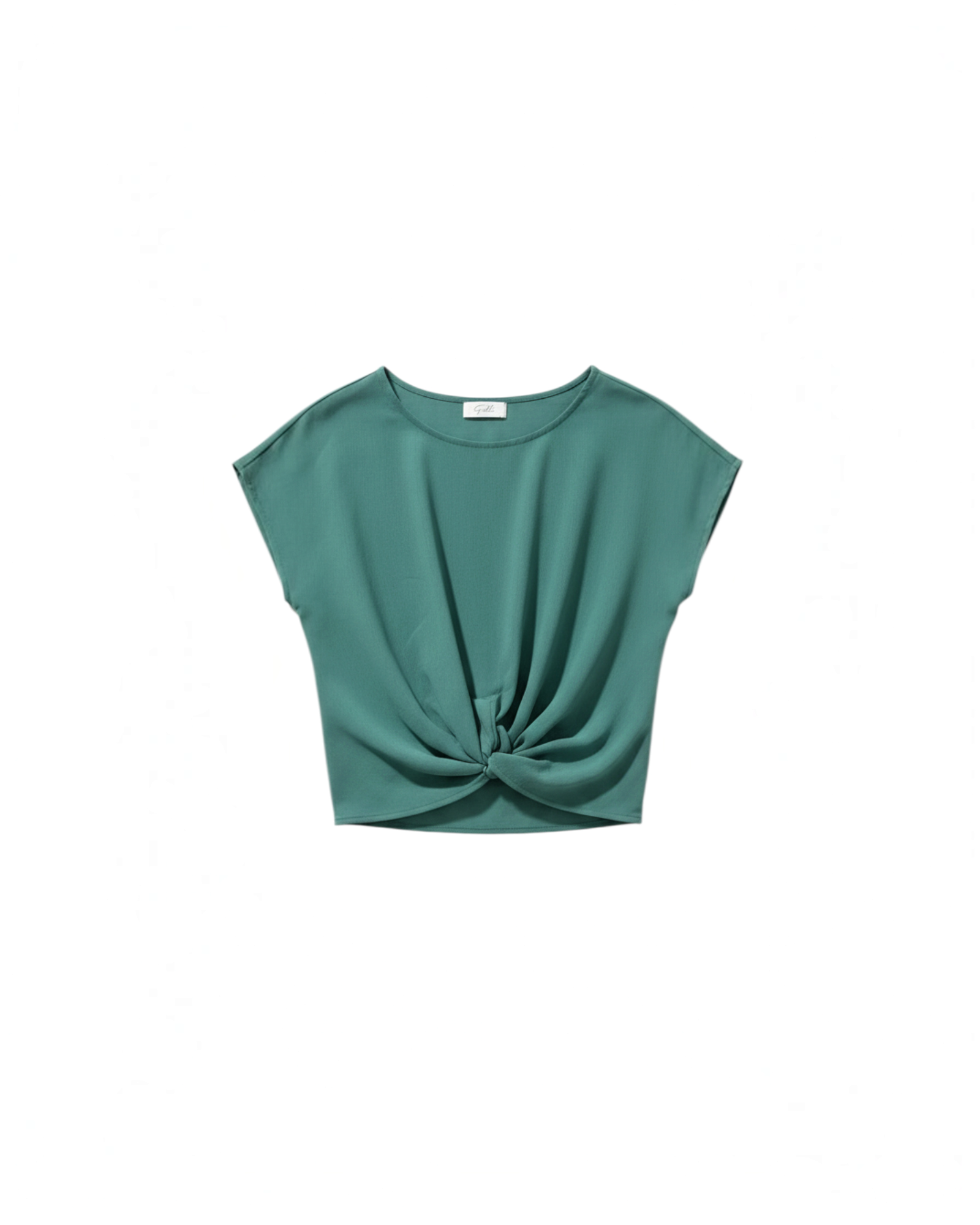 Top verde de Yanet Collective con detalle de nudo frontal, cuello redondo y mangas cortas en corte relajado