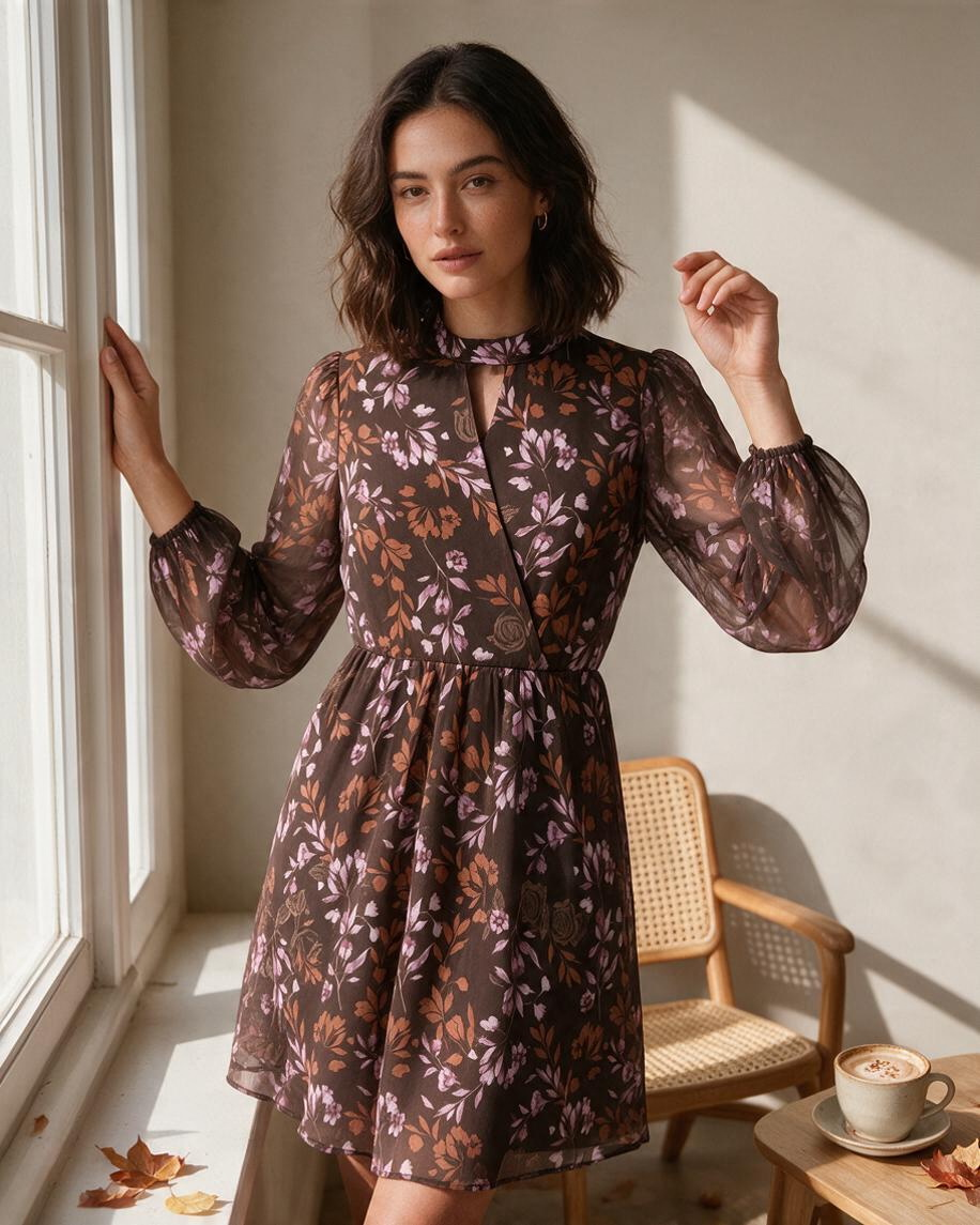 Vestido Largo Floral Marrón con Volantes - Estilo Boutique