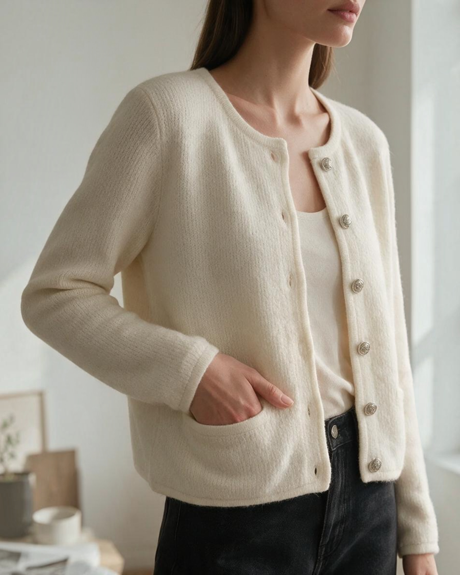 Cardigan blanco de punto Yanet Collective con botones plateados y bolsillos frontales, estilo elegante y minimalista.