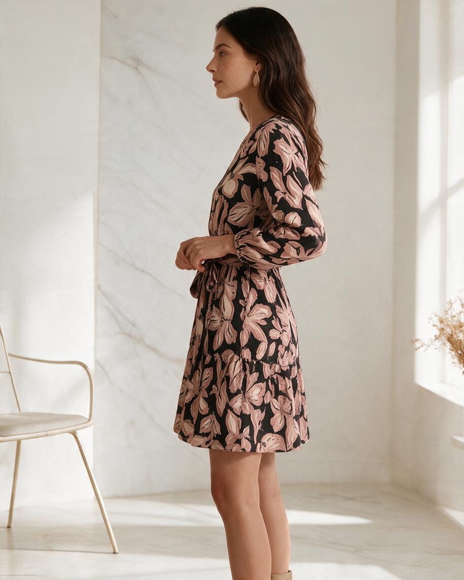 Vestido Floral de Manga Corta con Cinturón - Estilo Boutique