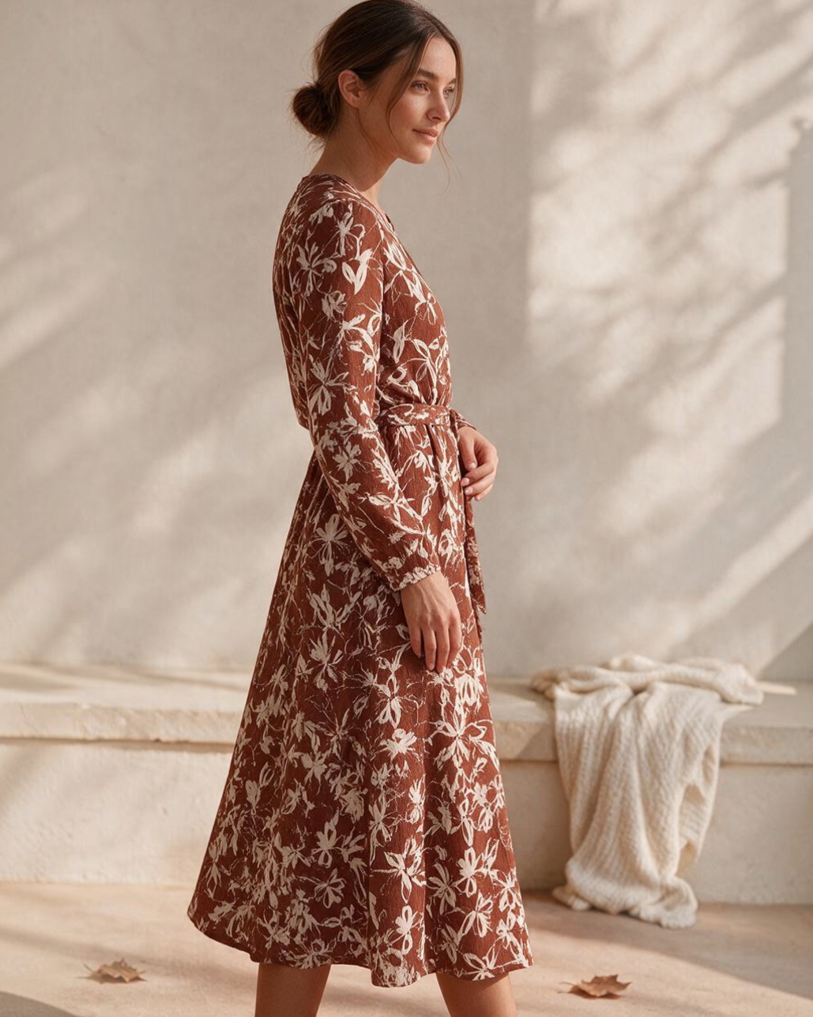 Vestido largo Yanet Collective terracota con estampado floral, manga larga y cinturón, estilo fluido y elegante.