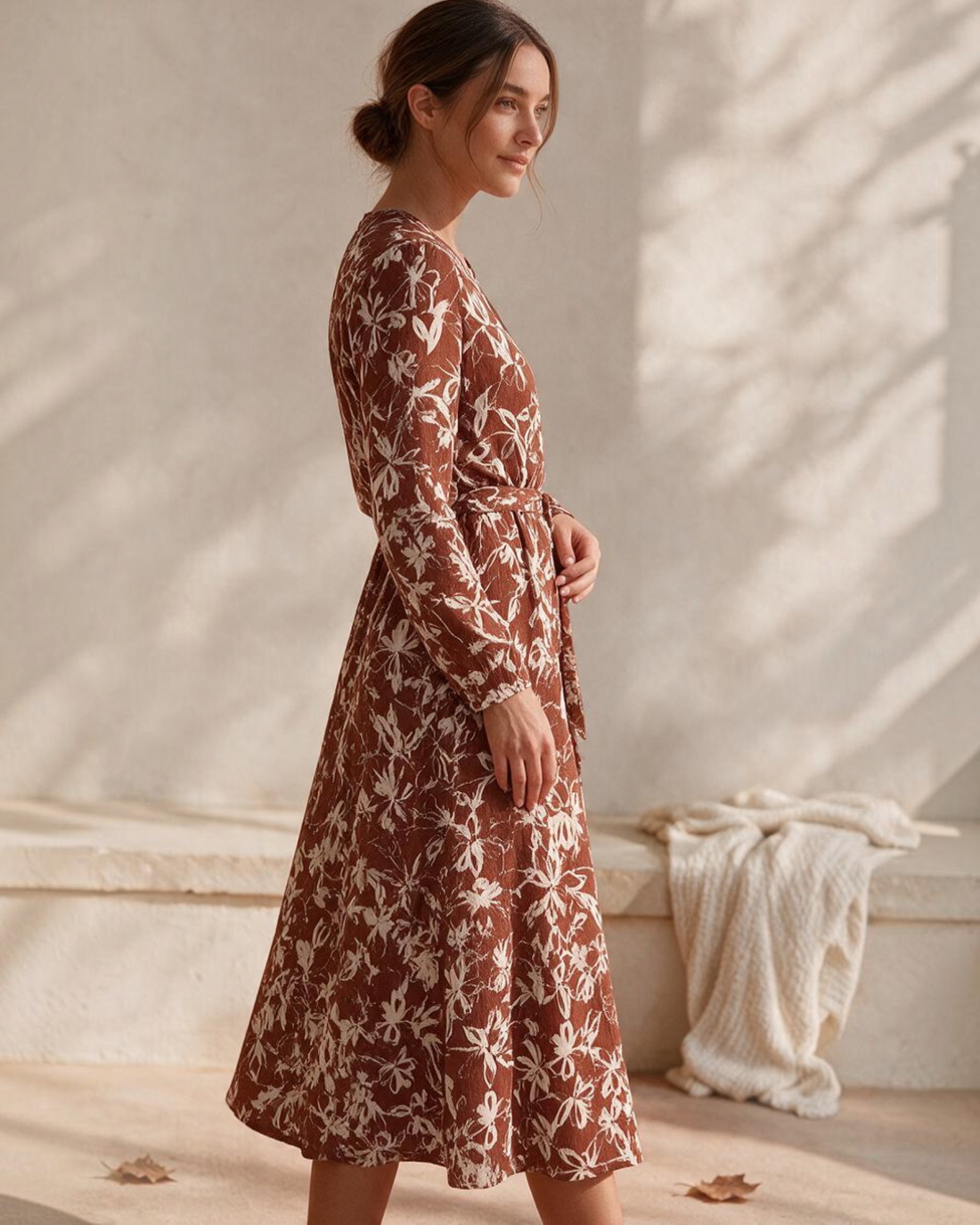 Vestido largo Yanet Collective terracota con estampado floral, manga larga y cinturón, estilo fluido y elegante.