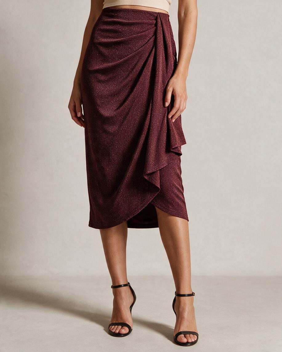 Burgundy Draped Midi Skirt with Ruching Detail
