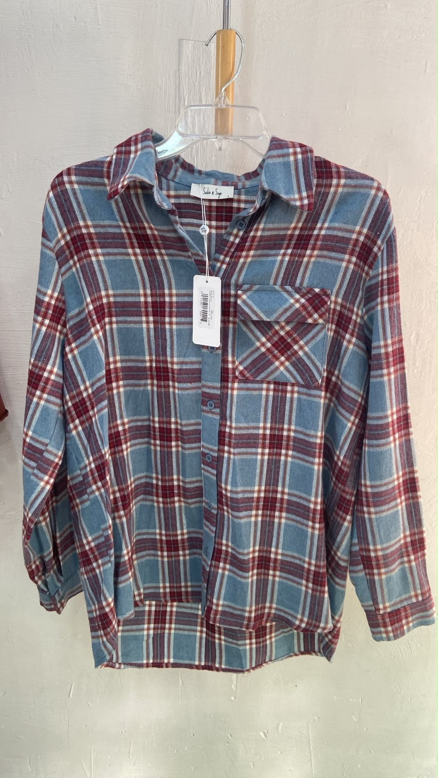 Blue Plaid Long Sleeve Button-Up Shirt with Pocket
