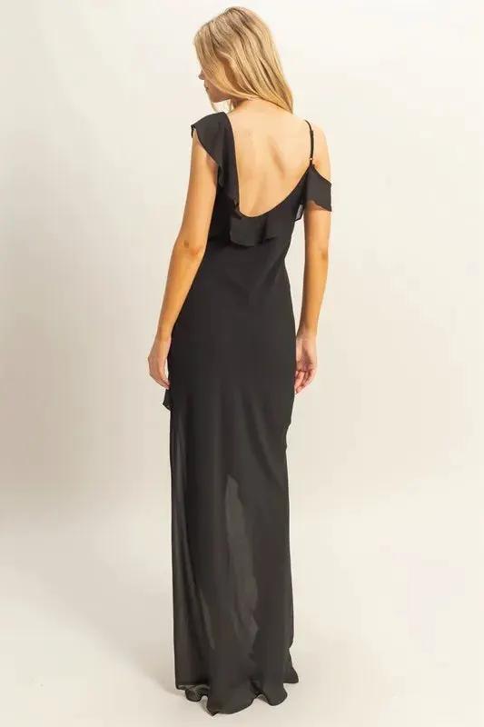 Vestido Midi Asimétrico Negro con Volantes y Tirantes Finos Hf25a112 by Yanet Collective