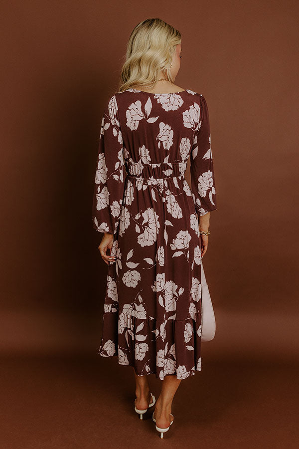 Burgundy Floral Long Sleeve Dress with Tie Detail