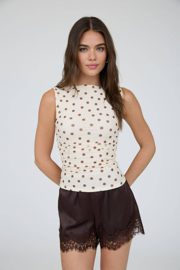 Blusa de Malla con Lunares para Mujer | Cuello Barco Sin Mangas Color Café