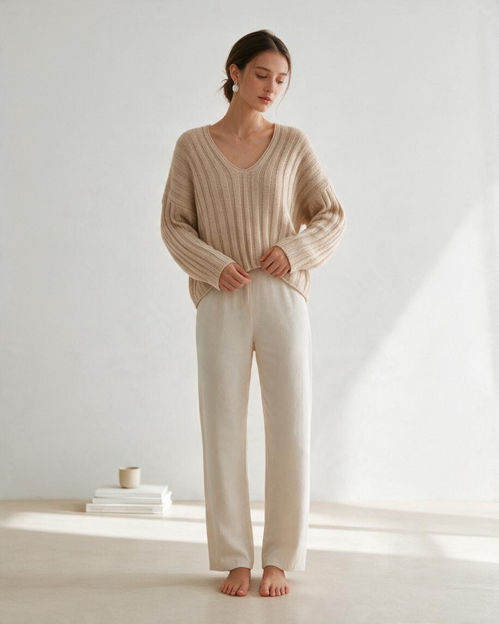 Suéter de Punto Beige Cuello en V y Textura Acanalada