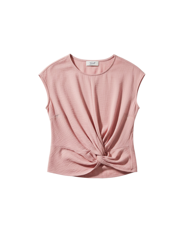 Top de manga corta Yanet Collective en color rosa con detalle de nudo frontal y cuello redondo en tejido ligero