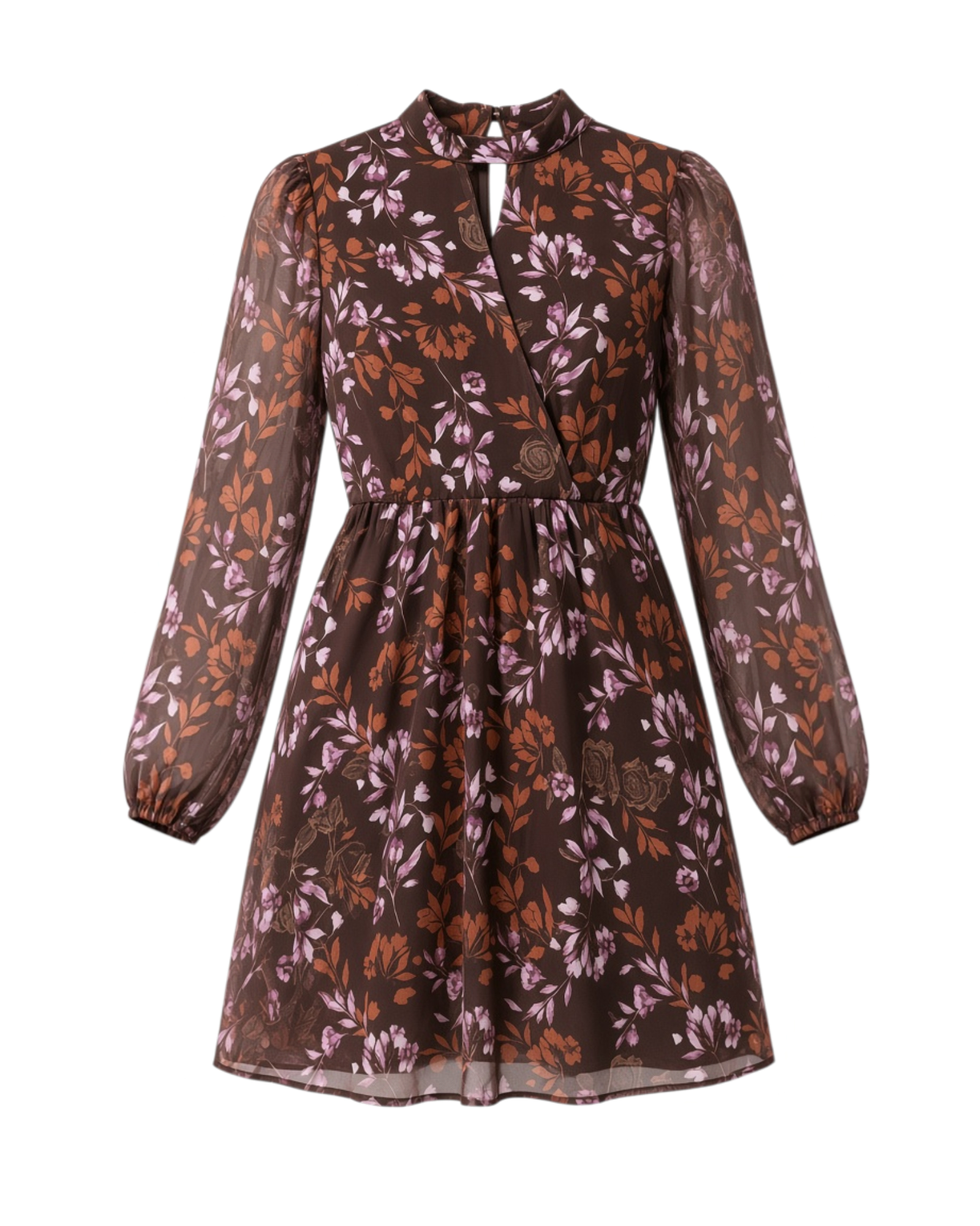 Vestido corto Yanet Collective marrón con estampado floral, manga larga, cuello alto y detalle de abertura frontal