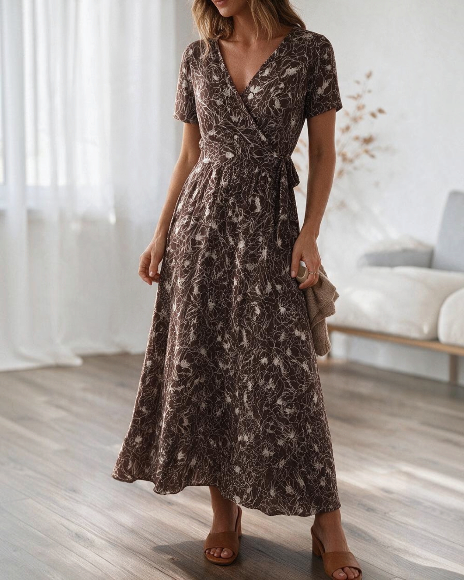 Vestido midi envolvente Yanet Collective color café con estampado floral blanco, manga corta y cintura ajustable